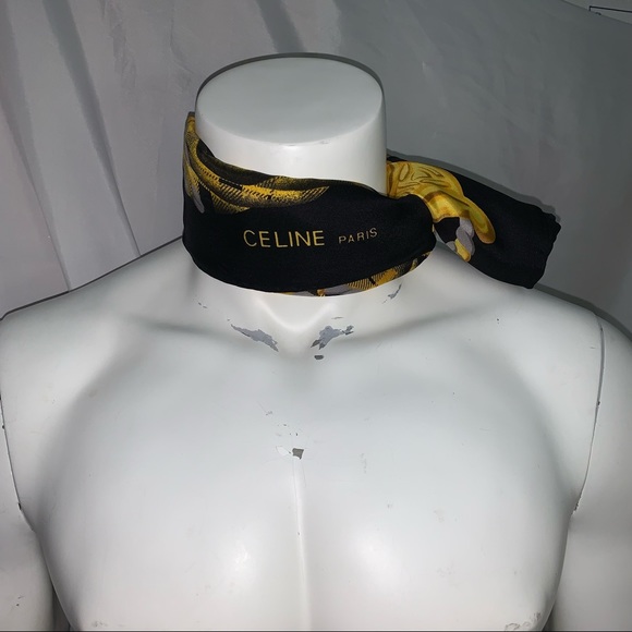 CELINE gold/black tartan plaid SILK TWILL scarf signature MACADAM logo at center - Picture 4 of 11